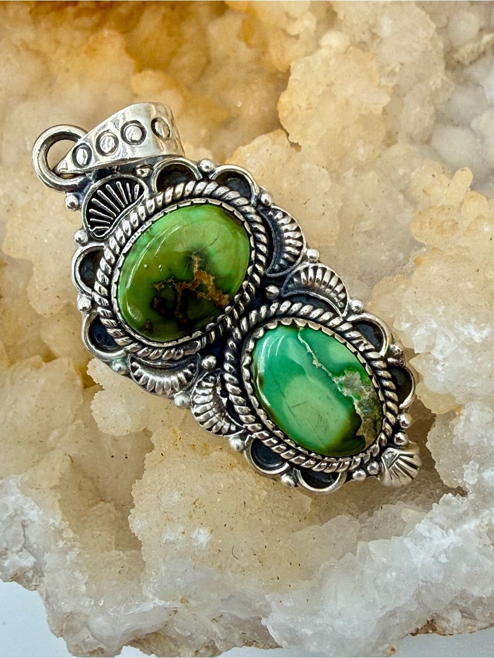 Sterling Silver Double Green Turquoise Southwestern Pendant 2.5” Native American - Picture 12 of 15